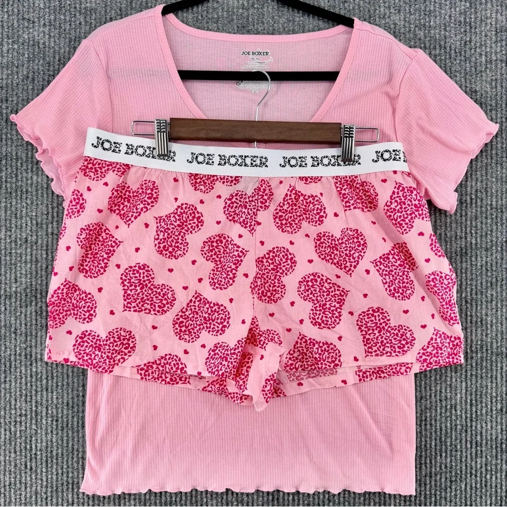 Joe Boxer Y2K Pink Sleepover Pajama Set XL Heart Shorts Lettuce Trim Ribbed Tee‎